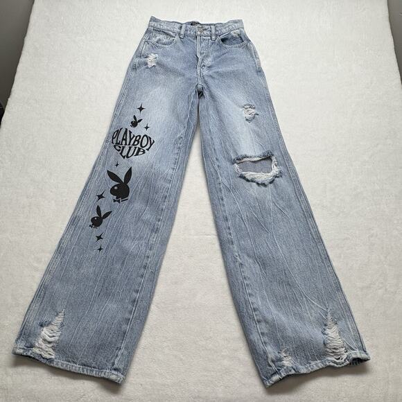 Pac Sun x Playboy Wide Leg Super Distressed Light Wash High Waist Jeans Size 24 - Picture 3 of 16